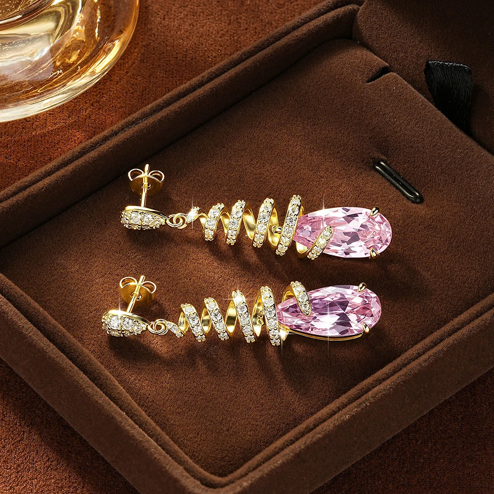 Rrjzz Sparkling Pear 8x18mm Pink Morganite Spiral Drop Earrings Moissanite Vintage Sweetness Women Dangle Earrings Jewelry Gifts 3