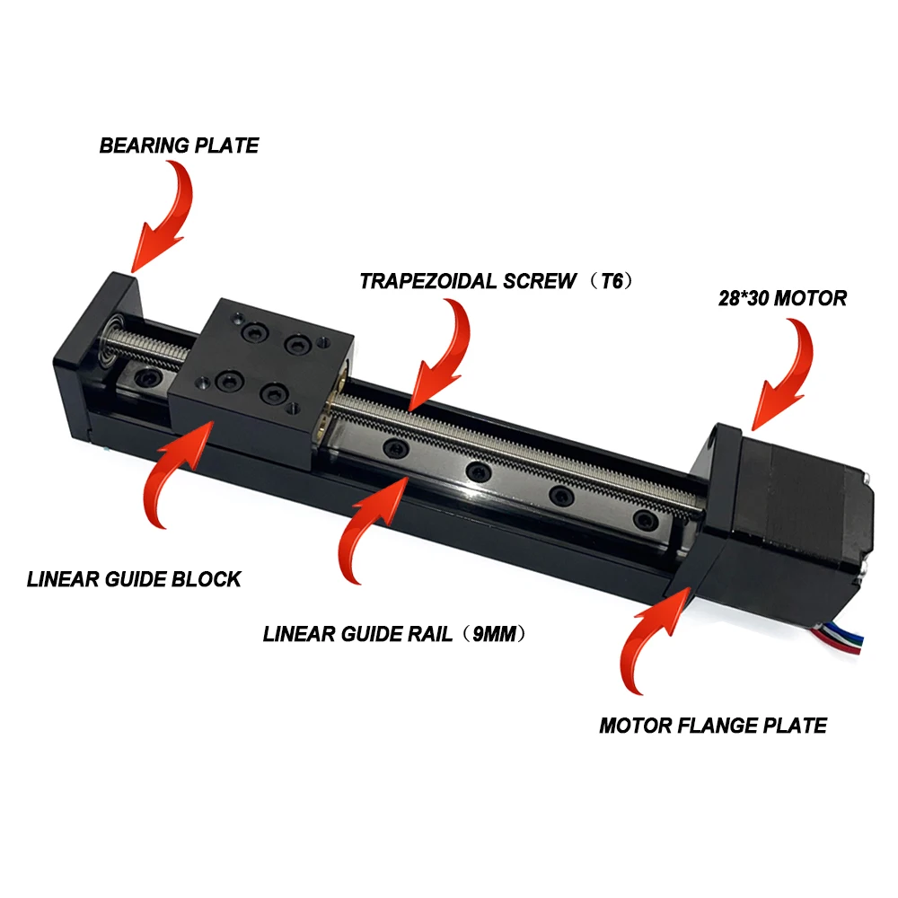 NEW Mini Trapezoidal Screw T6 Sliding Table Linear Rail Stage 50-200mm Stroke 1/2/4/6/12mm Pitch with Nema11 28mm Stepper Motor