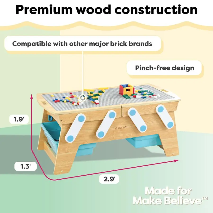 Building Bricks Play N Store Wooden Table, Childrens Toy Storage with Bins, 200 Building Blocks Included, Natural, Gift for Ages