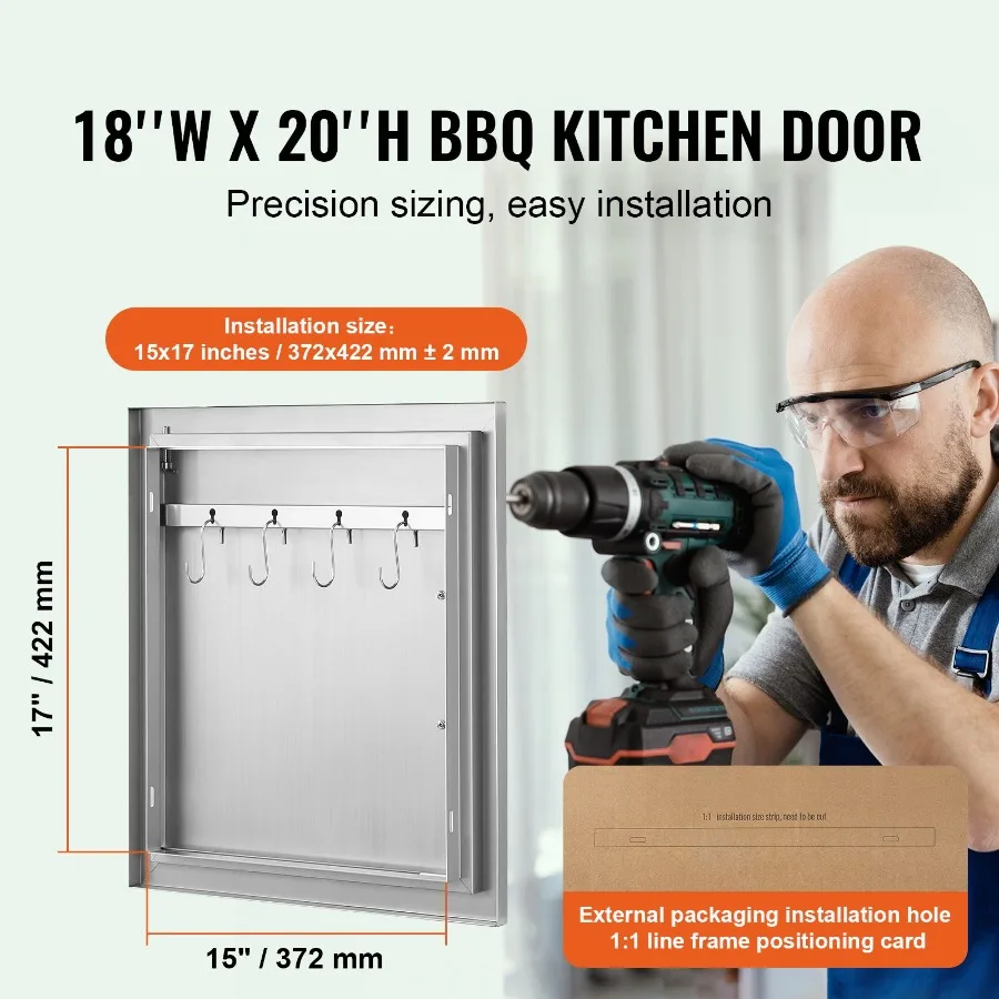 BBQ Access Door, 18W x 20H Inch Single Outdoor Kitchen Door, Stainless Steel Flush Mount Door, Wall Vertical Door with Handle a