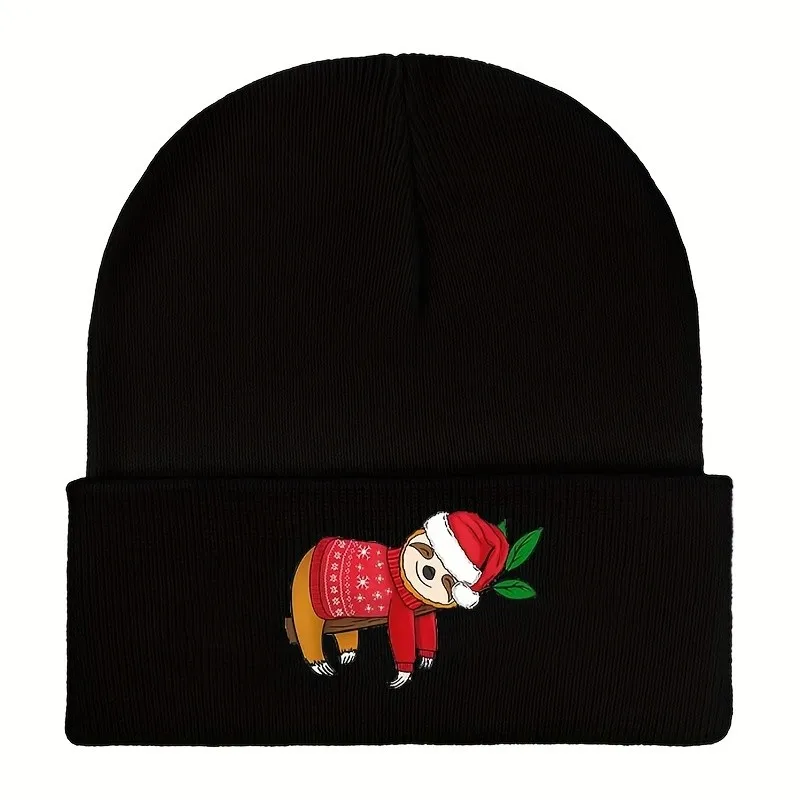 Christmas Sloth Print Beanie Hat Unisex Soft Warm Knit Hat for Autumn Winter Daily Wear