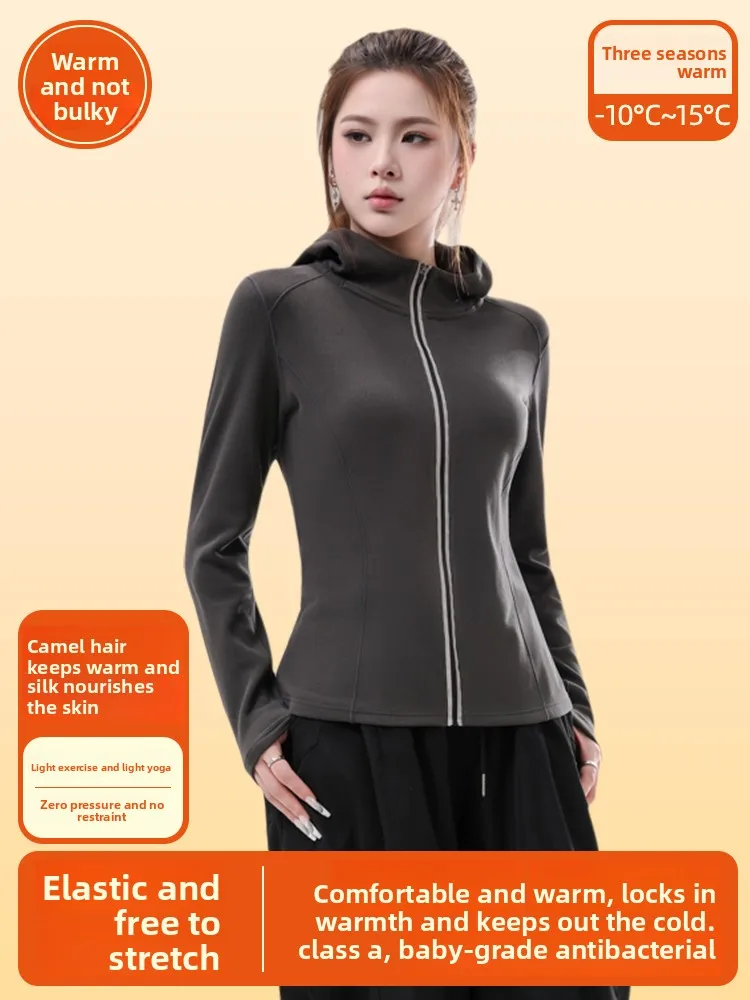 

Thiened Fce Yoga Jaet Women's Fitn Sportswear Hooded Sweatirt Slimming Waist Autumn Winter Warm Outerwear