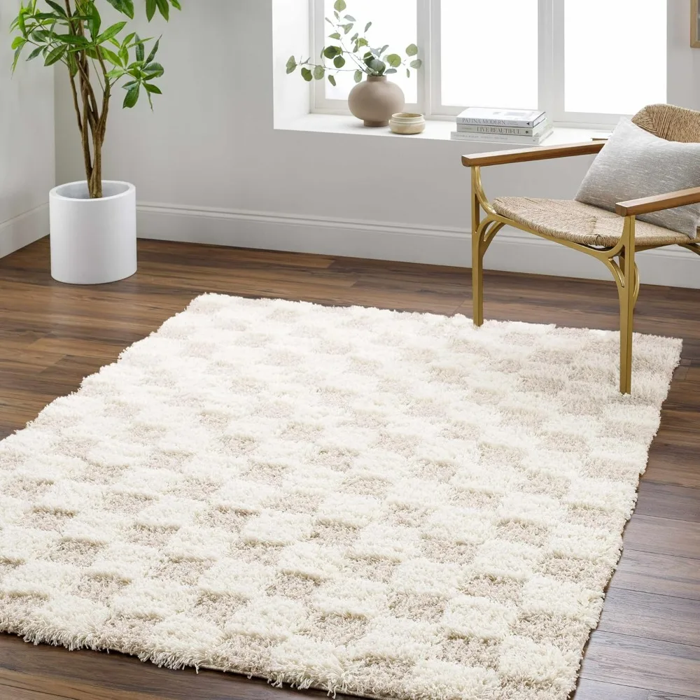 Atira Contemporary Checkered Fluffy Shag Area Rug - Modern Geometric Carpet Tiles for Living Room, Kids Room, Nursery