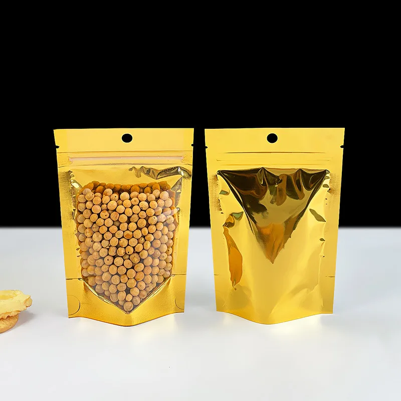 100 قطعة من رقائق الألومنيوم الذهبية مع فتحة تعليق للمكسرات والوجبات الخفيفة والمواعيد الحمراء وحقيبة التعبئة والتغليف القابلة للغلق بسحاب
