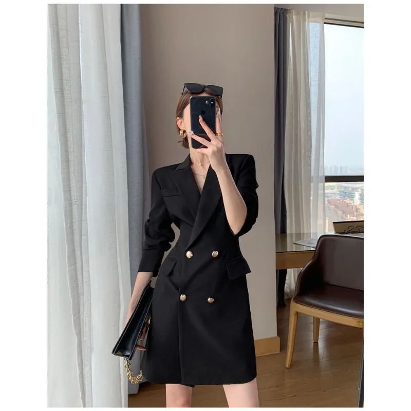 Women Autumn 2023 New Black Dress Suit Skirt Long Sleeve Waist Slim Temperament Fan A-line Skirt Midi Skirt  Solid Colors