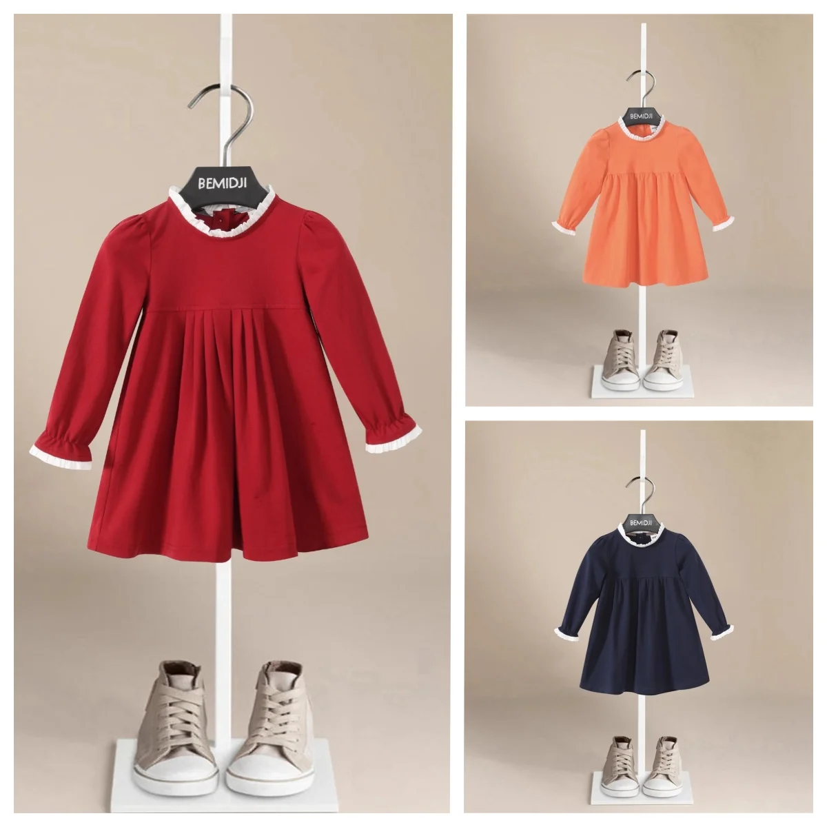 

Spring Autumn Girls Dress Retro Princess Skirt New Year Red Color Children's Clothing Casual Wear for Middle and Big Kids