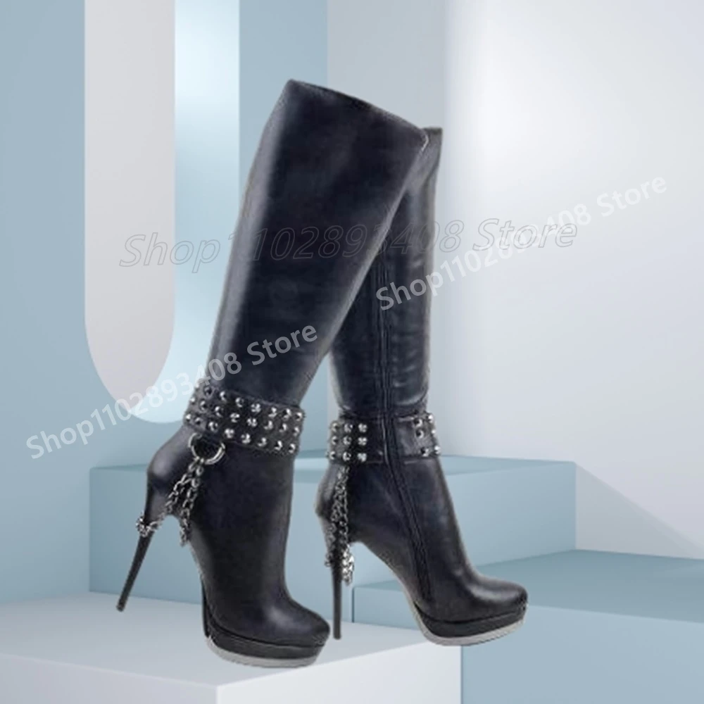 

Metal Chain Decor Rivets Mid Calf Boots Side Zipper Matte Sexy Stiletto High Heel Fashion Women Shoes 2025 Autumn Para Mujere