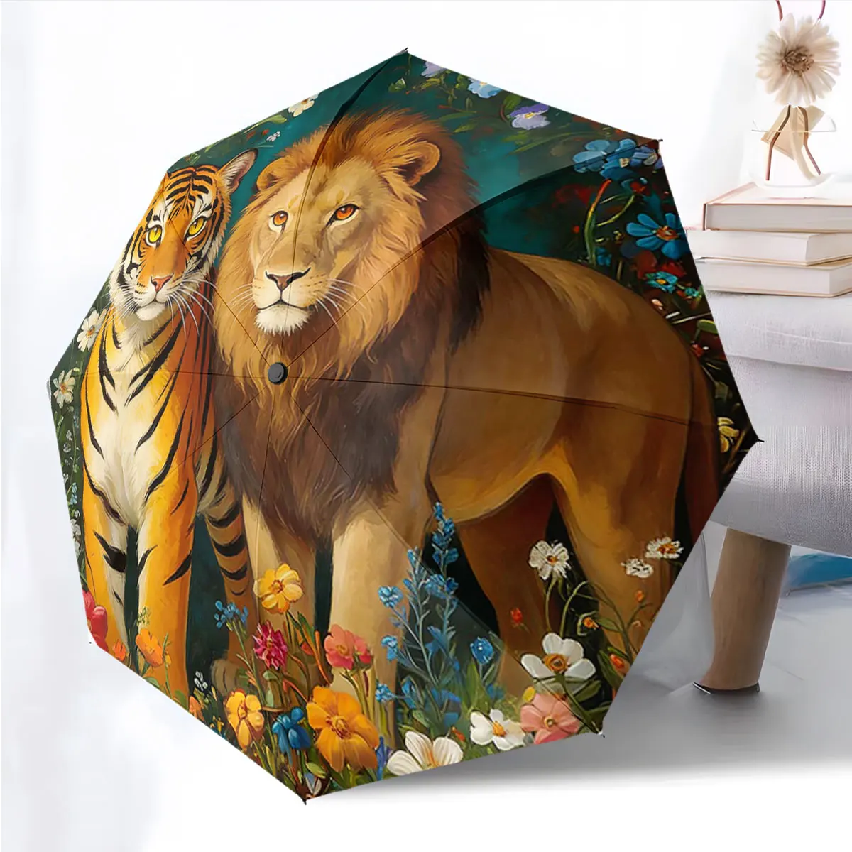 1PC Lion and Tiger in Floral Harmony on Umbrella Print 8 Iron Ribs Folding Umbrella Auto-Open Fashion Sunshade