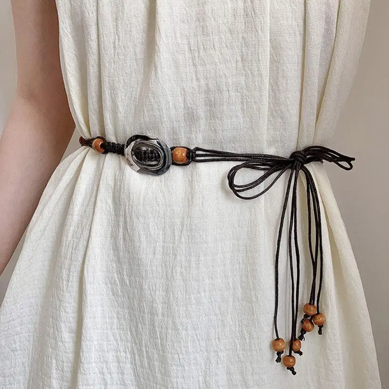 Women Boho Plain Metal Buckle Beaded Knot Waistband Retro Ethnic Style Dress Jeans Waist Chain Belt Female Beach Accessories