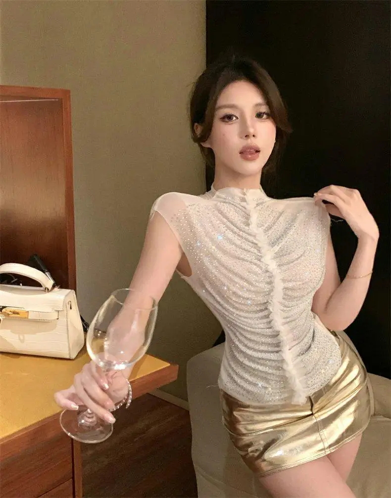 Spring Summer Unique Sweet Spicy Girl Slim Fit Half High Neck Vest Women's Inner Wear Outer Wear Feeling Short Sleeveless Top