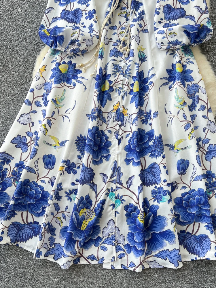 Abito da sera elegante palazzo vintage francese da donna con bottoni allacciati stampa abito da festa lungo femminile casual chic abbigliamento da festival nuovo