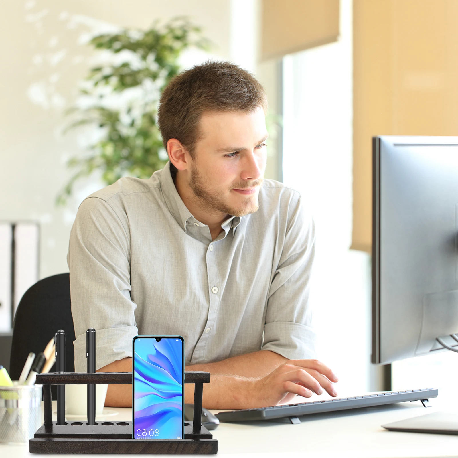 

Wooden Phone Stand Holder for Desk with Pen and Pencil Storage Large Capacity Desktop Organizer for Office School Home Use