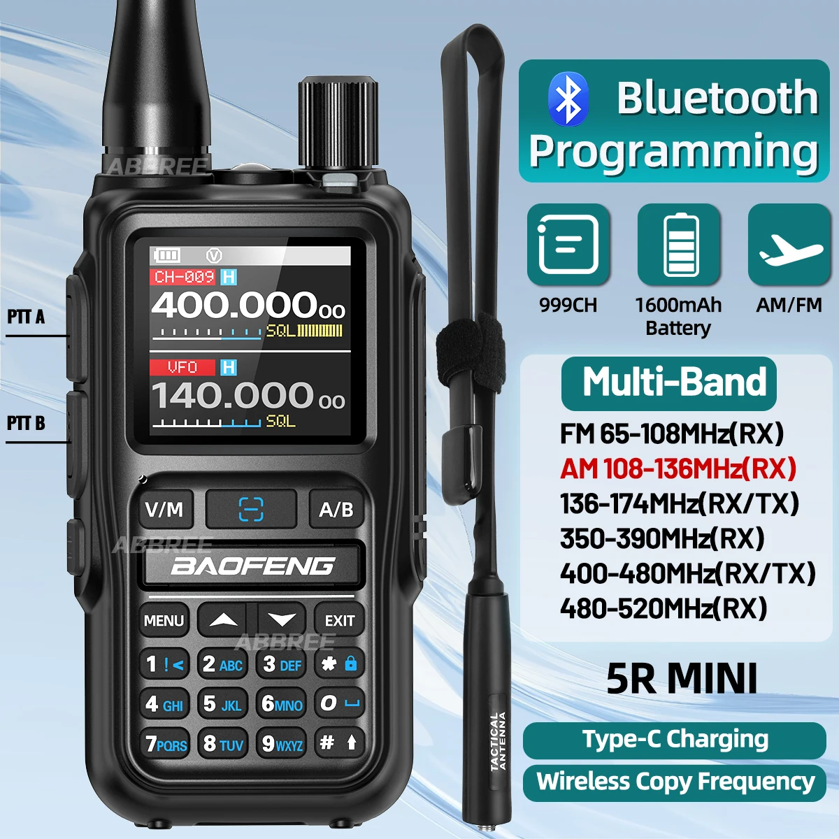 Baofeng 5R MINI Walkie Talkie APP Programming Multi Band One Key Copy Frequency VOXfor Outdoor Hiking Campping Type-C Ham Radio