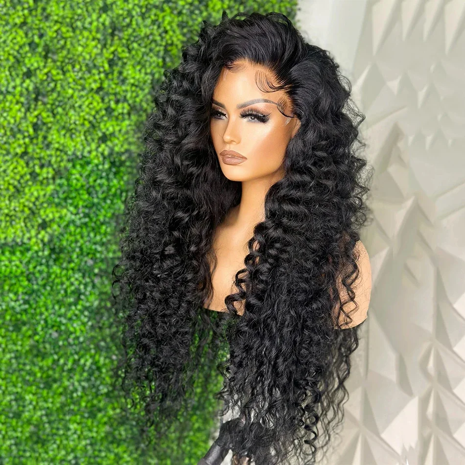 Long 26inch Glueless Natural Black Kinky Curly 180Density Deep Lace Front Wig For Women With Baby Hair Preplucked Daily use