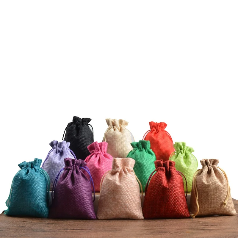 50pcs Small Natural Linen Drawstring Bag Chocolate Toffee Jewellery Wrapped Christmas Wedding Party Gift Bag Reusable