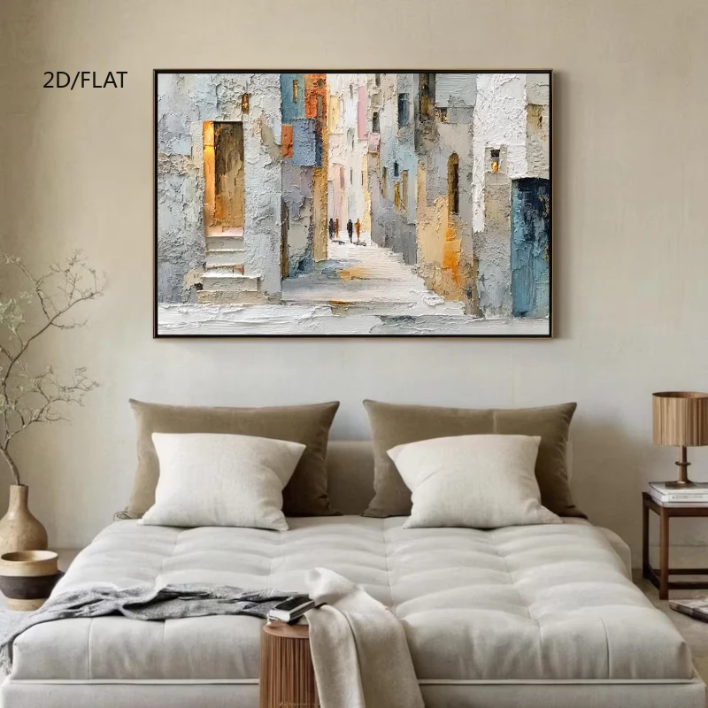 2D Flat Large Abstract Beige Texture Urban Landscape Canvas Wall Art - Unframed Modern European Alley Artworks for Home Decor