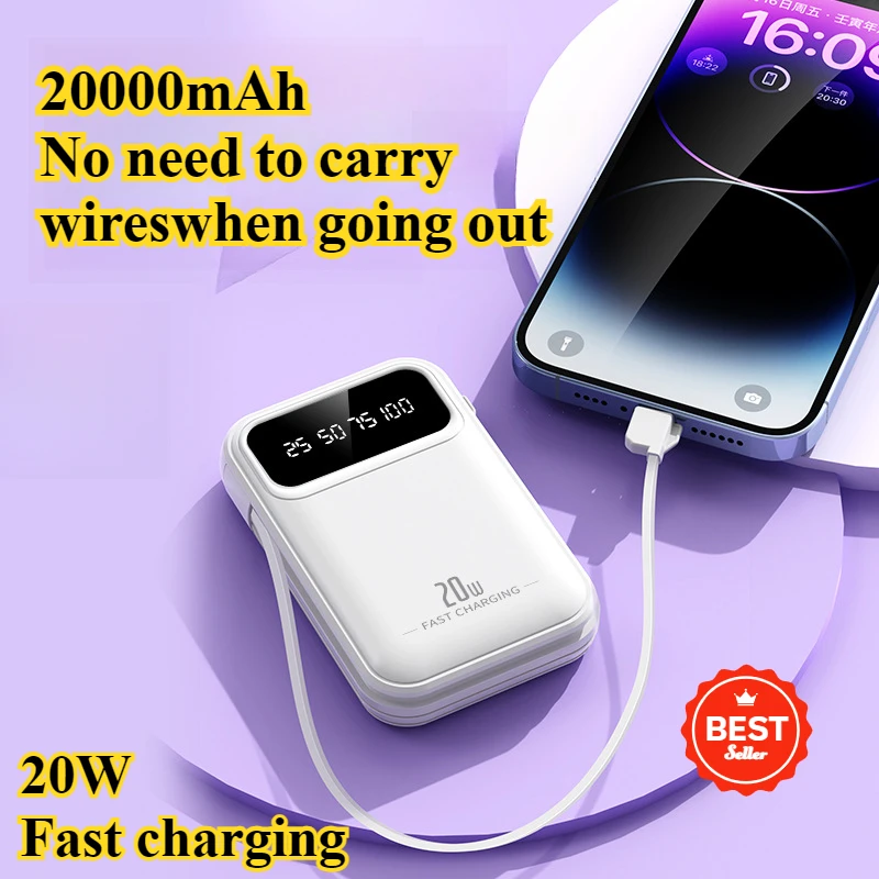 

20000mAh Built-in Cable Compact Power Bank Portable Mini Mobile Power Source