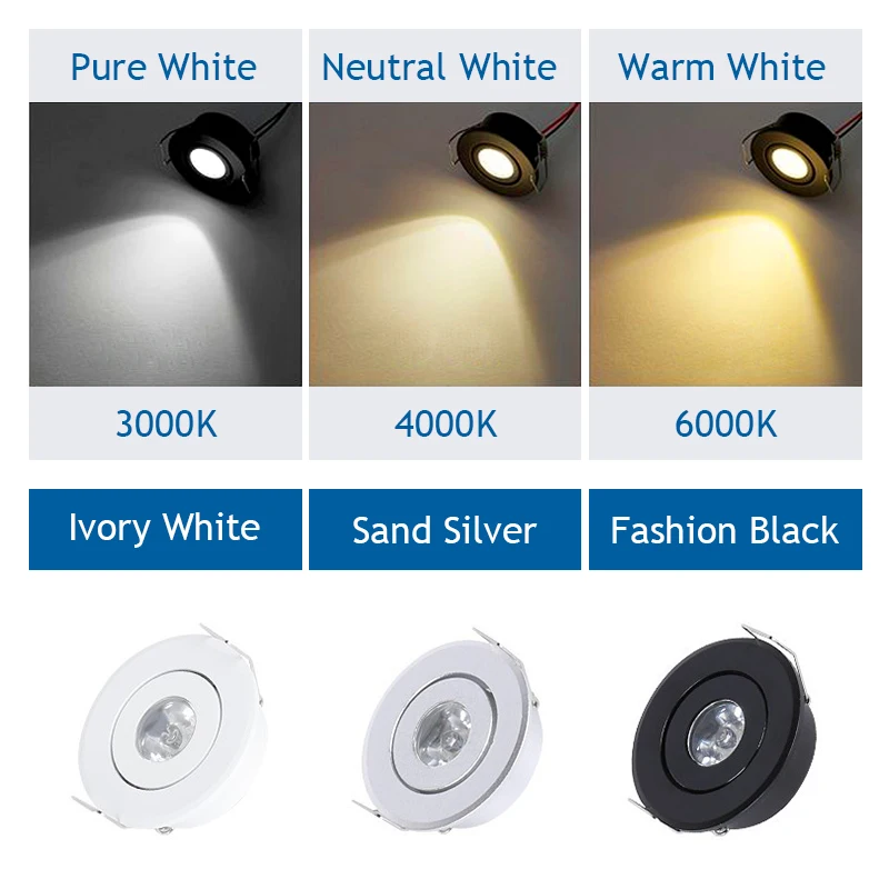 6pc 1W 3W Mini led Downlight Cabinet Recessed Spot light led Driver Pure Nature Warm white and White Silver Black body AC85-265V