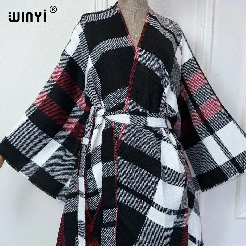 WINYI winter jacket for women Classic plaid OverCoat Thick Warm dress fashion cardigan Middle East winter kimono with waistband