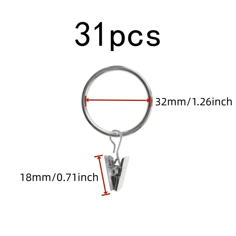 31 pcs 32mm Curtain Clip Rings, Bedroom Window Curtains, Sturdy Metal Ring, Strong Clip Grip, Multipurpose