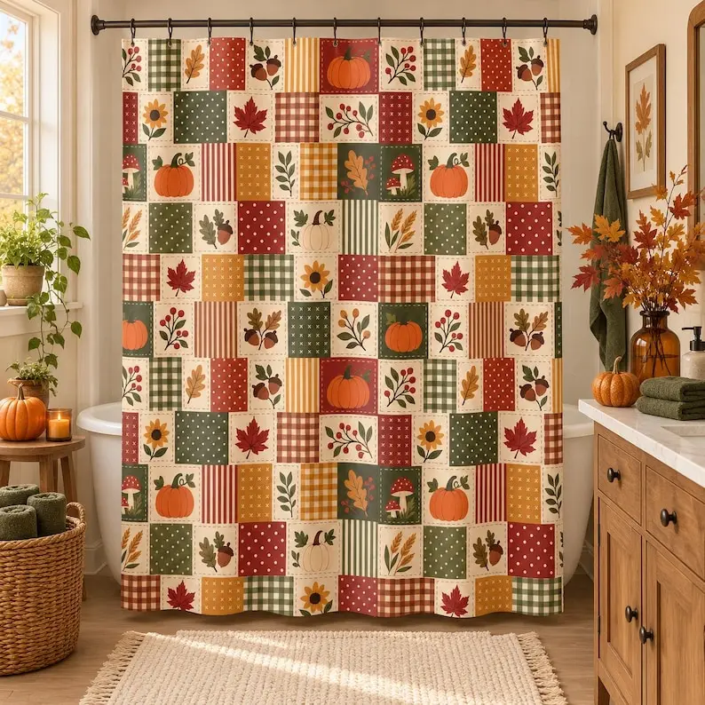 New in 2026 Autumn Patchwork Pumpkins Shower Curtain |   Fall Leaves Plaid