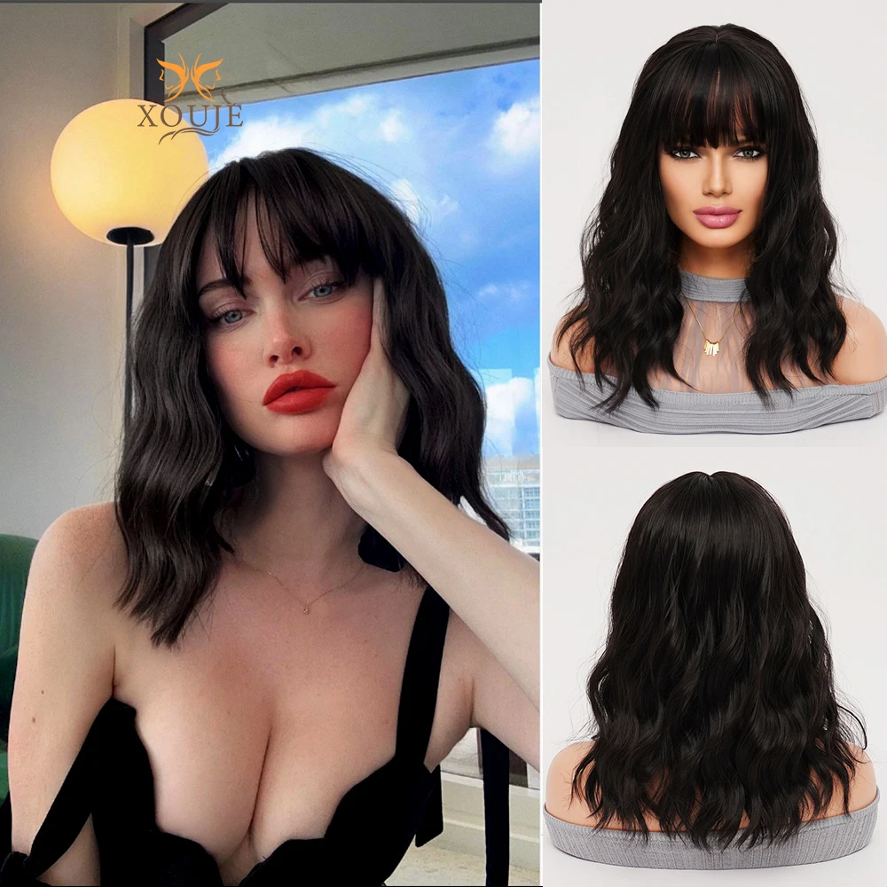 Natural black wig long curly bob synthetic heat resistant wig natural wavy bangs wig daily use women\'s holiday party high qualit