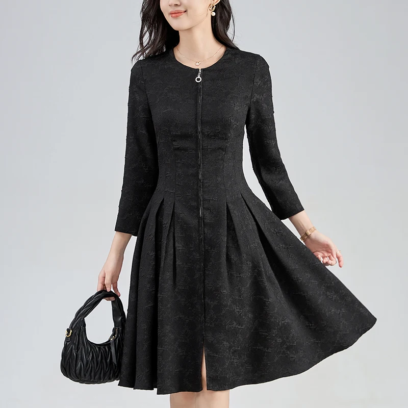 

2024 Autumn Jacquard Bubble Crepe Women's Clothing Black Dress A-line Elegant Vintage Dresses For Women Zipper Long Dress Slim