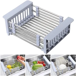 Expandable Dish Drying Rack Over Sink Stainless Steel Cutlery Dish Basket Drainer with Adjustable Arms Kitchen Sink Organizer