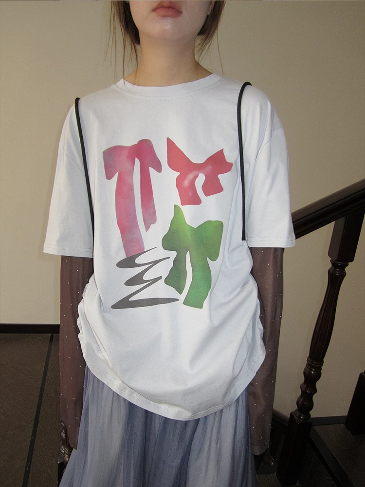 

Korean Sle Loose ort Sve T-irt Knot Print Fake Two-Piece Spring New Arrival Women's Faion Casual Top