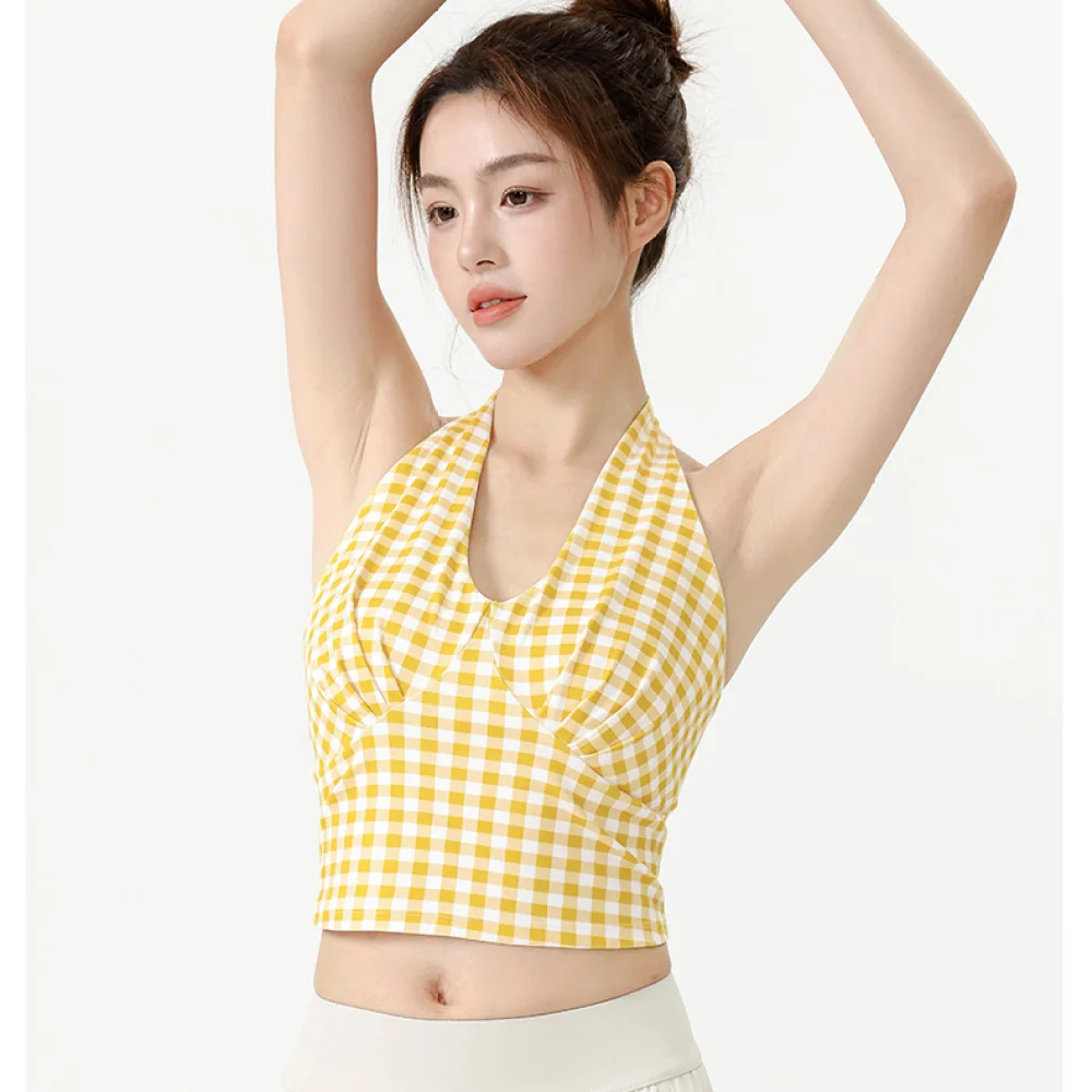 Breathable Plaid Halter Yoga Tank Top V Neck Slim Fit Cropped Sports Bra Quick Dry Workout Running Fitness Activewear