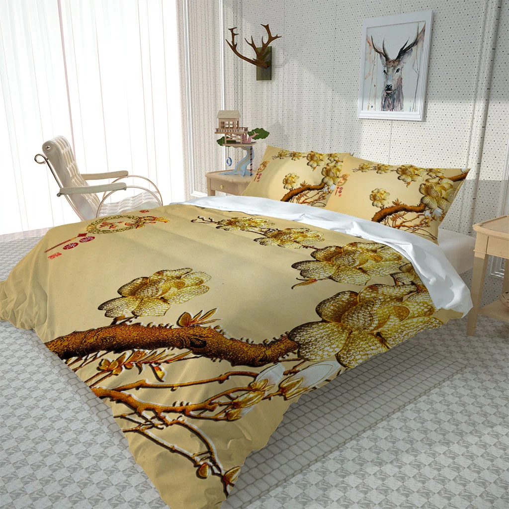 HUANZHUANG Bedding Set Theme Fashion Duvet Cover Children'S Bedroom Golden Flower Trees Digital Printing Bed Linen Queen Size De