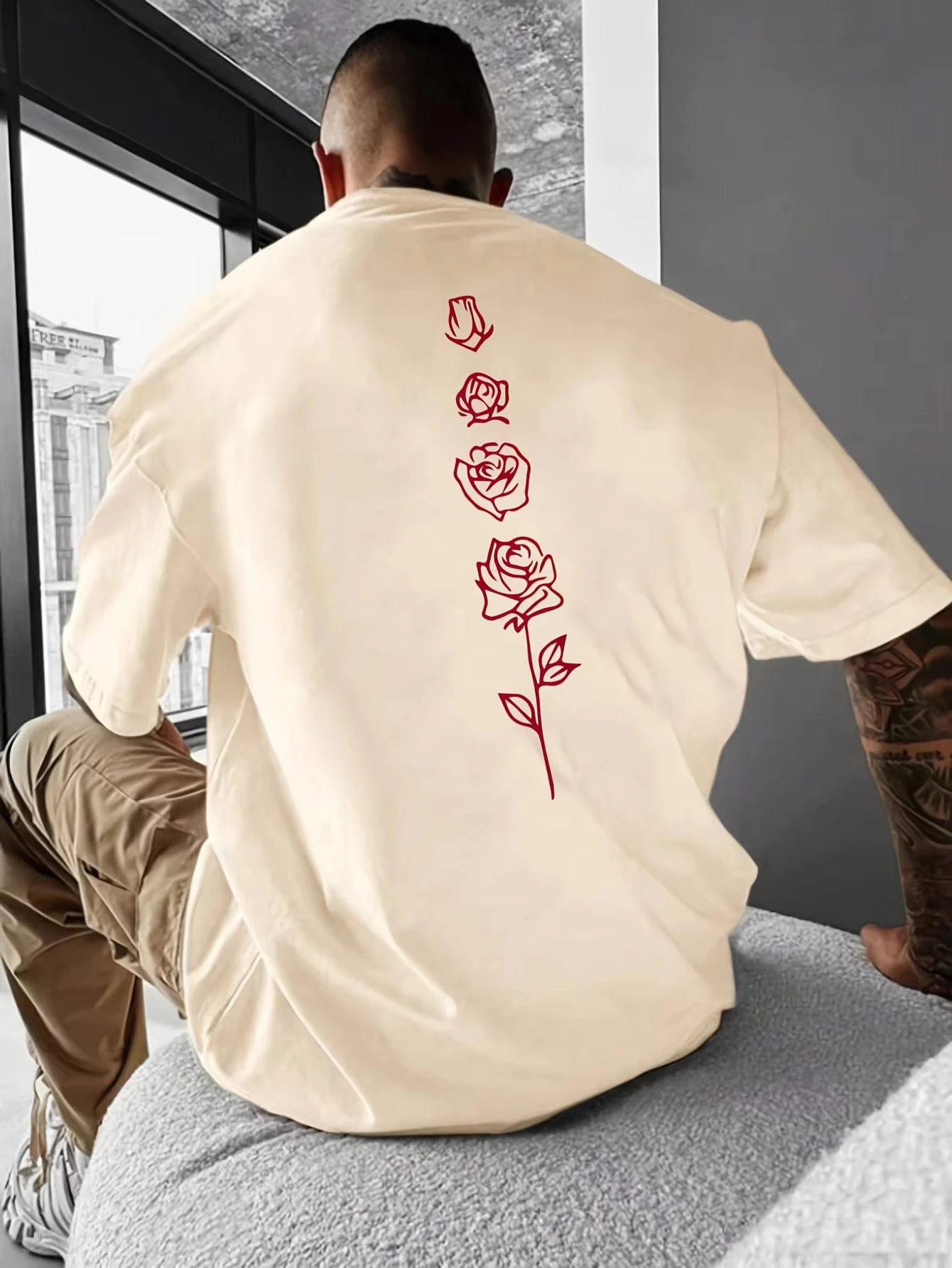 

Men's Summer Cotton T Shirts Fashionable Casual Loose Back Red Rose Pattern Printed Sports Round Neck Short Sleeve T-shirt Top