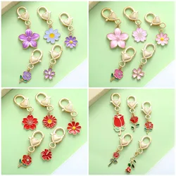 5pcs Enamel Flower Keychains, Alloy Rose Flower, Cherry Blossom, Chrysanthemum Key Ring, For Car Keys, Backpacks, Wallets