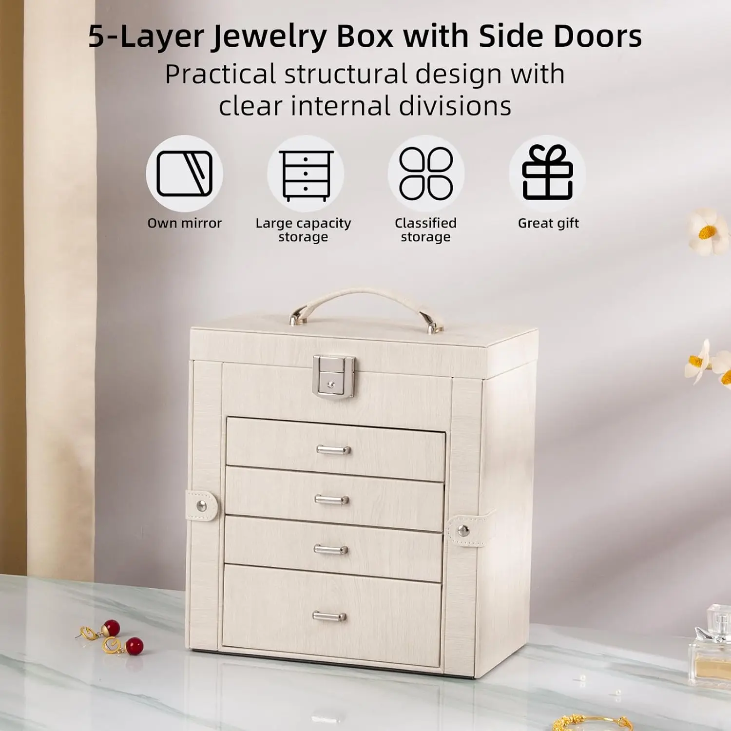 Large Jewelry Box,5-Tier PU Leather Jewelry Organizer with Lock,Multi-functional Storage Case with Mirror,Jewelry Organizer