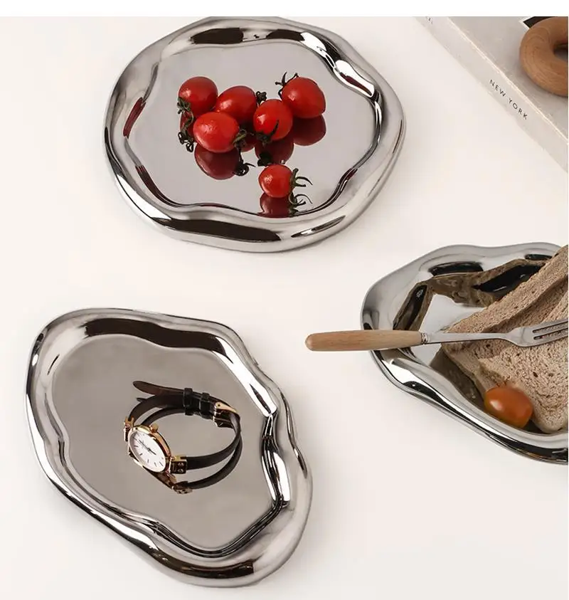 Ceramic Irregular Silver Plated Decorative Plate Dessert Household Jewelry Storage Tray Kitchen Living Room Decoration Ban