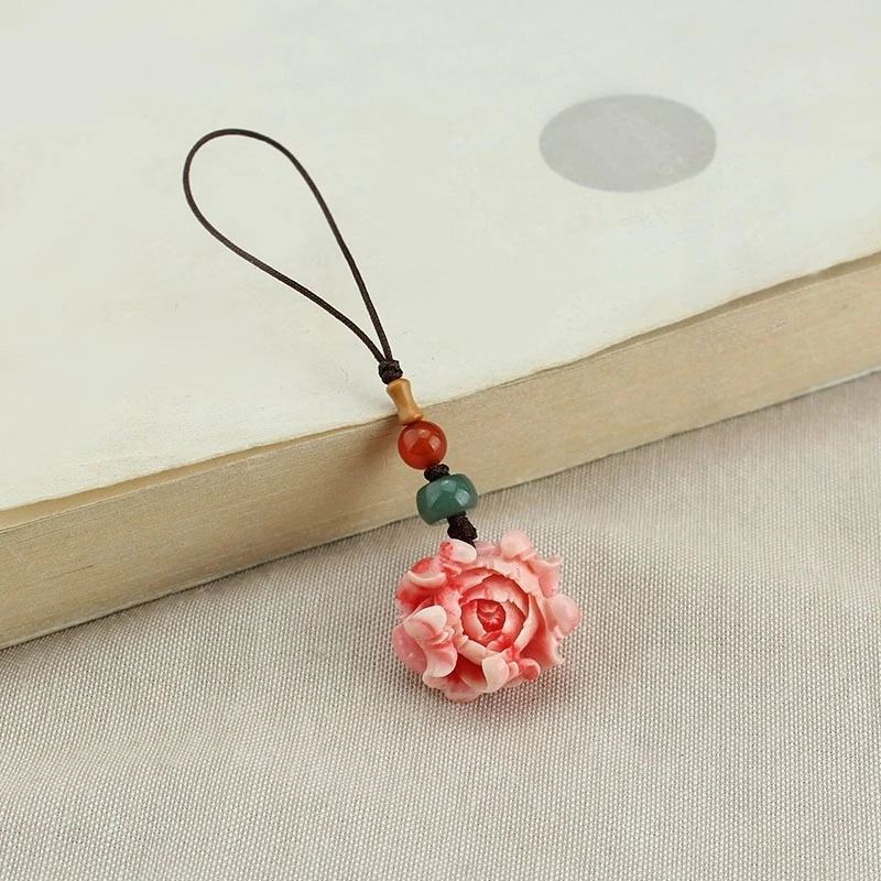 

Peony Flower Shaped Women's Mobile Phone Pendant Ethnic Style USB Flash Drive Hanging Rope Exquisite Keychain