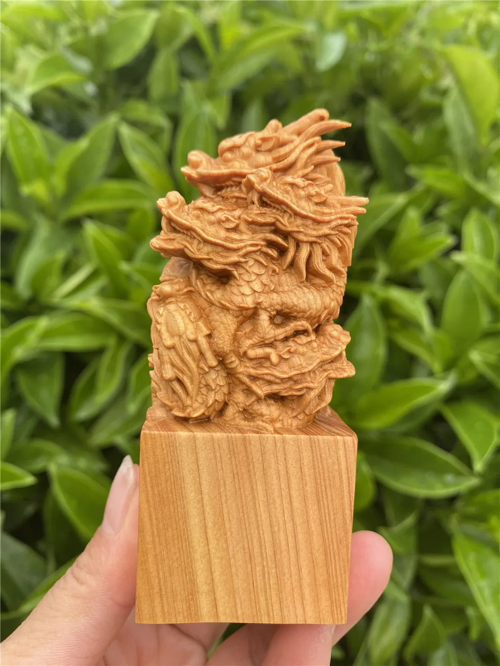 Hand-Crafted Chinese Dragon Statue, Feng Shui Wooden Carving, Unique Personal Seal Design, Elegant Home Ornament, Celebrating