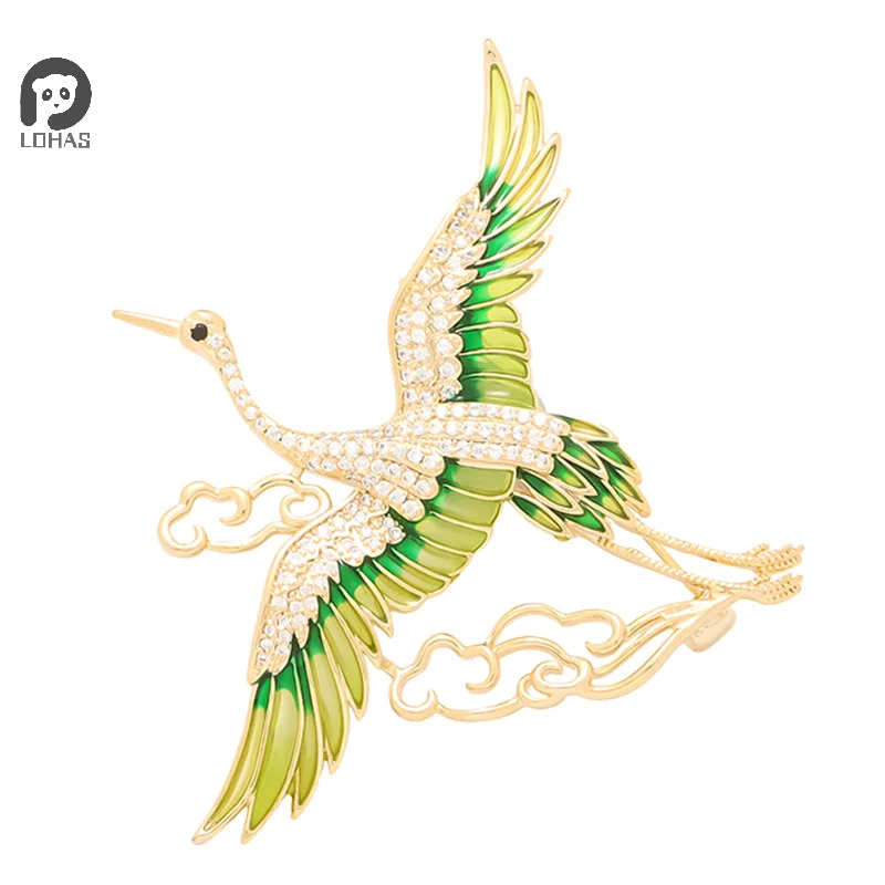 Vintage Green Enamel Wings Rhinestone Crane Clouds Brooches For Women Flying Phoenix Birds Lapel Pins Animal Badge Party Jewelry