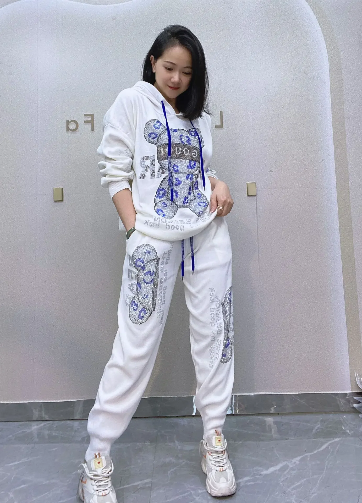 Bear Diamonds Sweater Women Sets with Long Pants Autumn Tracksuit Casual Knitting Hooded Tops Two Piece Sets Womens Outifits