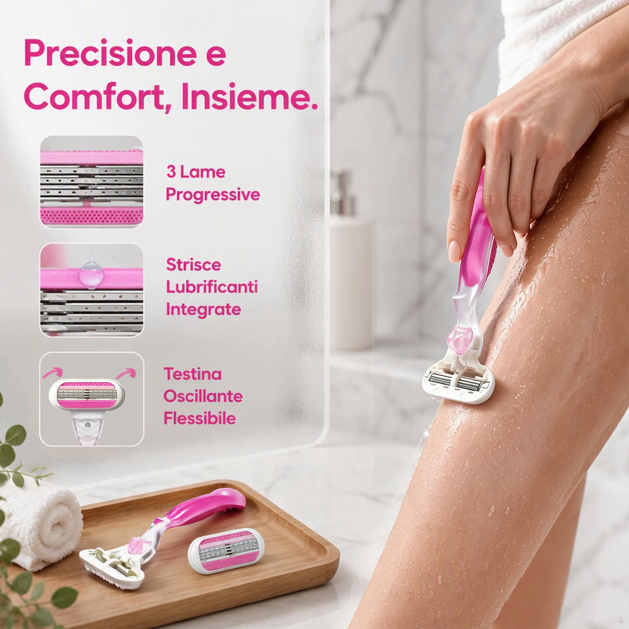 Women's Manual Razor, 1 Handle, 4/12/24 Blades, Triple-Layer Stainless Steel Blades, Rubber Handle, Reusable Body Hair Removal