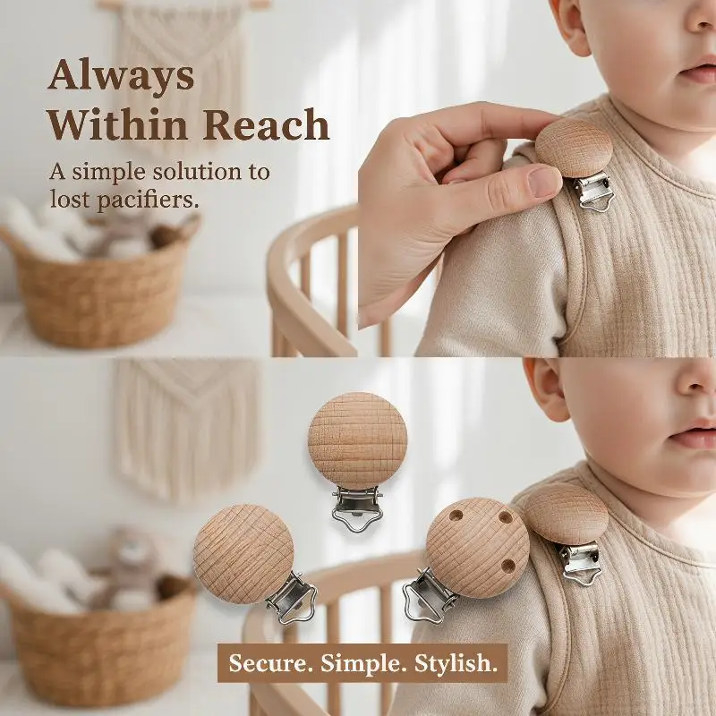 Natural Beech Wood Pacifier Clips With Cute Engraved Patterns And Sturdy Clasps