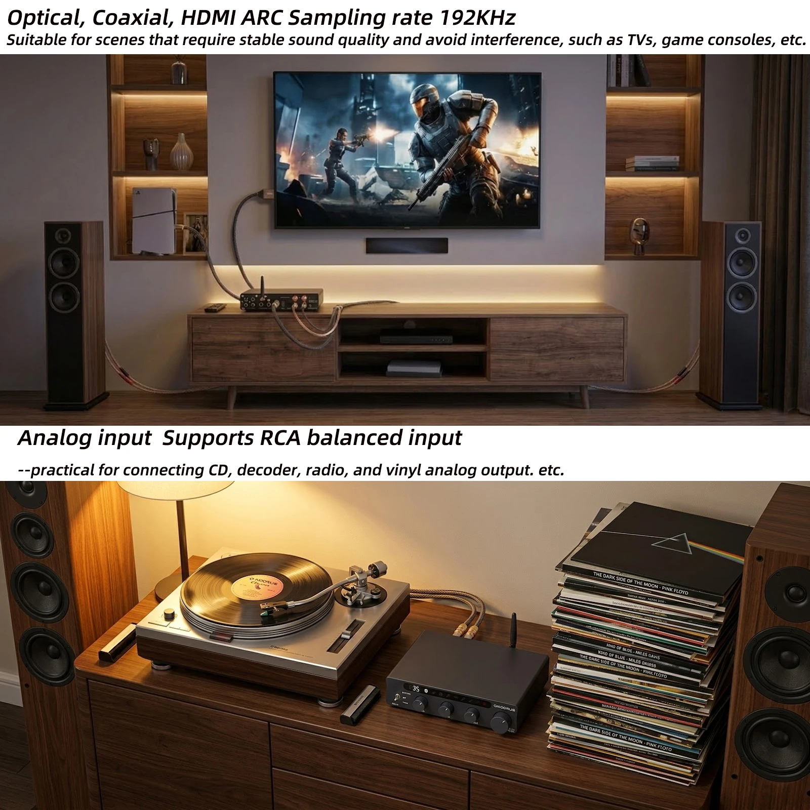 O-NOORUS D4 Series TPA3255 PFFB Stereo Balance Bluetooth HDMI ARC USB Optical Amplifier 300Wx2 with Treble Mid Bass Tone AMP