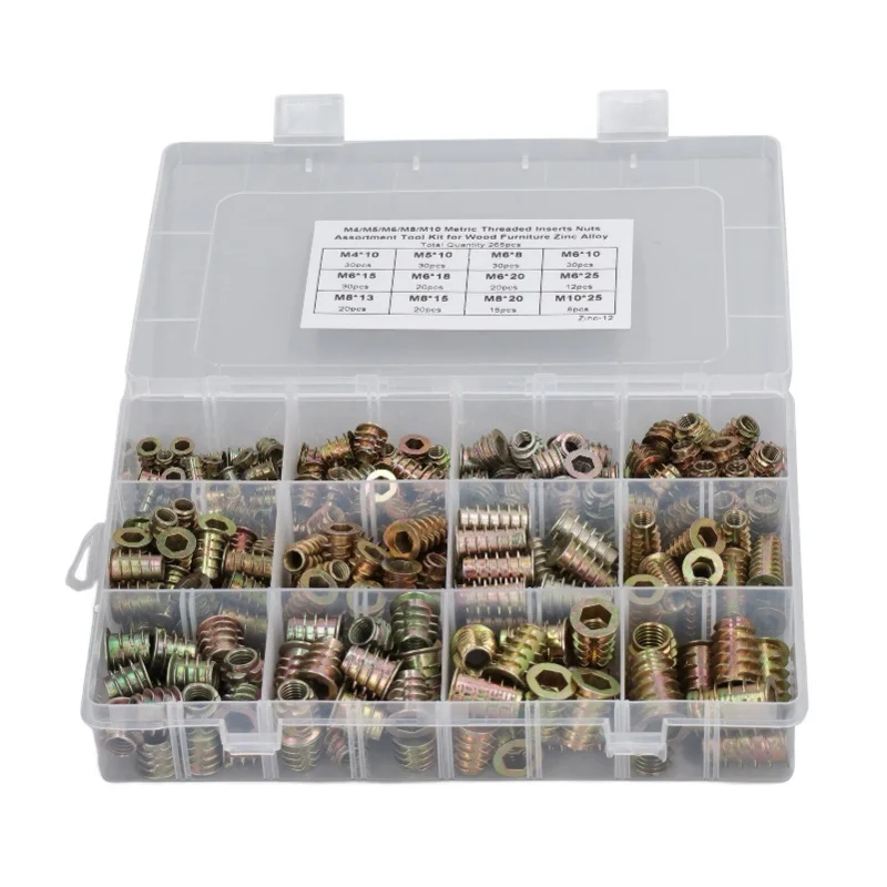 265Pcs Threaded Inserts Nuts Assortment Tool Kit Zinc Alloy Furniture Bolt For Pine Wood Plywood M4 M5 M6 M8 M10