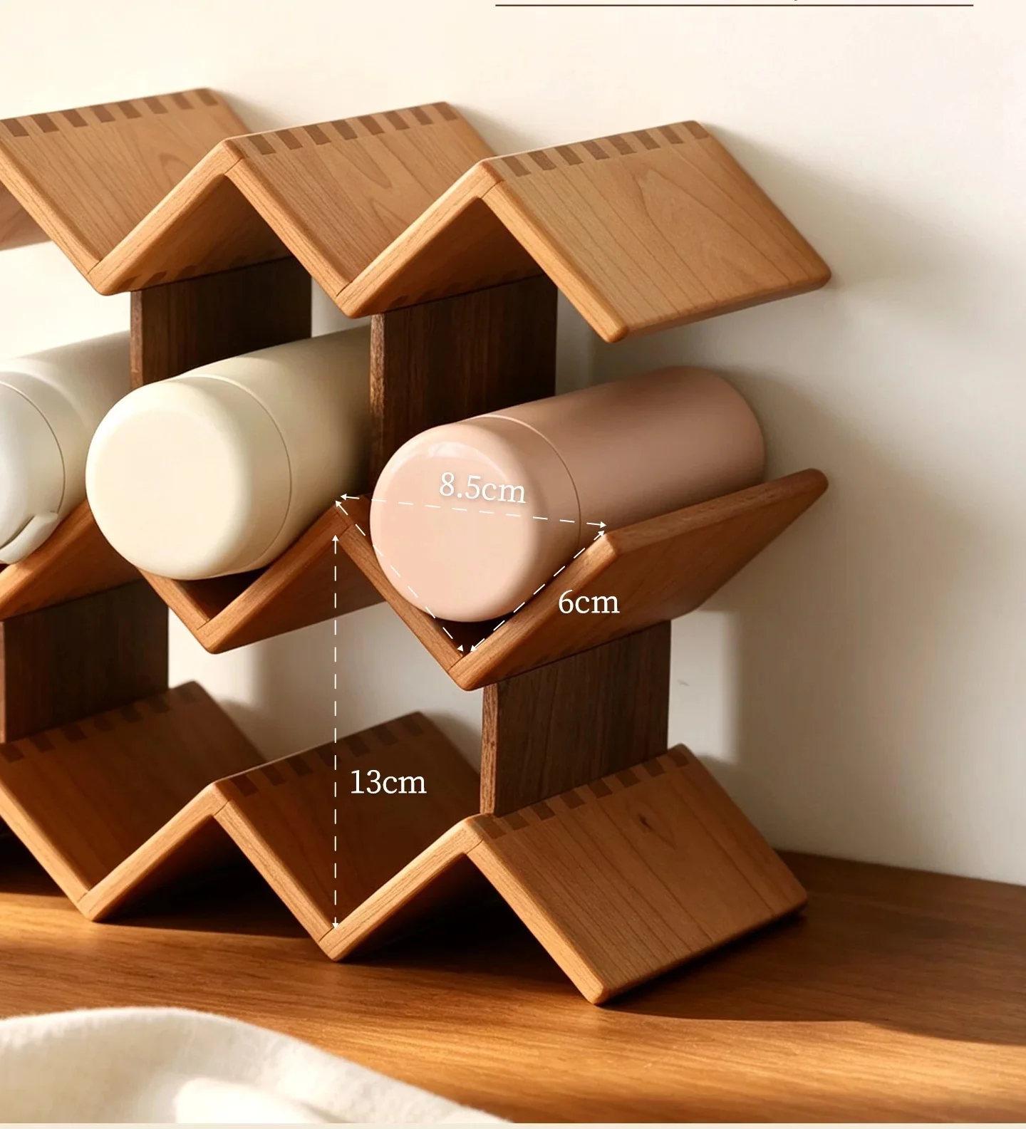 7-Slot Wine Bottle & Glass Storage Rack – Walnut & Cherry Wood Sideboard Organizer, Kitchen Counter Shelf for Cups & Wine