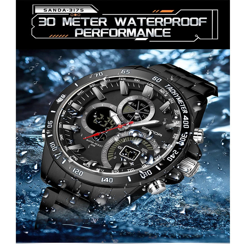 Sanda 3175 Hot Selling Men\'s Electronic Quartz Watch Full Steel & Silicon Core Black Technology Multi Functional Waterproof