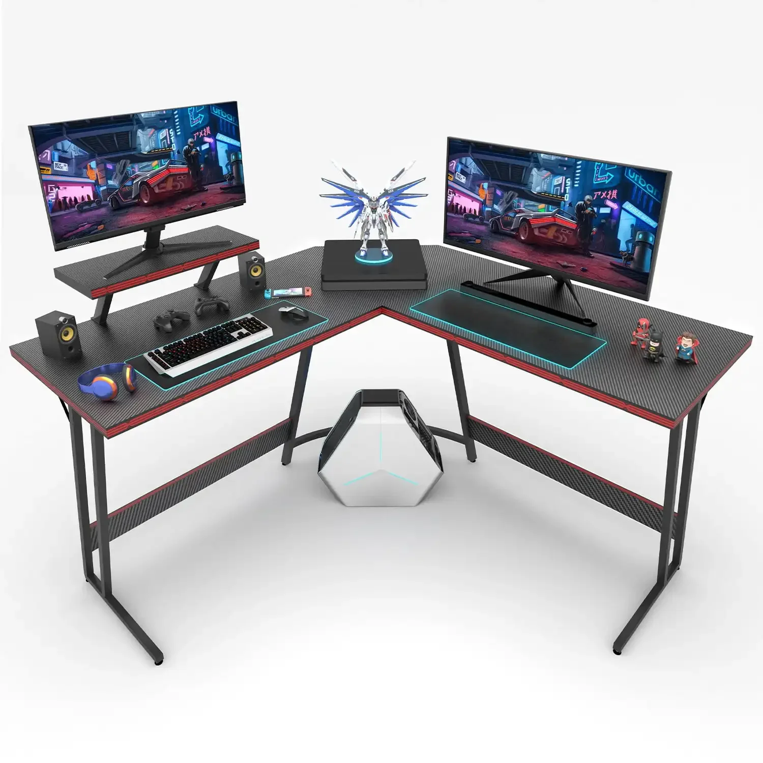 Gaming Desk L-Shaped Carbon Fiber Surface Gaming Corner Desk Table, Black