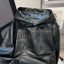 American retro PU leather hoodies women motorcycle streetwear hiphop high street gothic leather jacket harajuku oversized hoodie