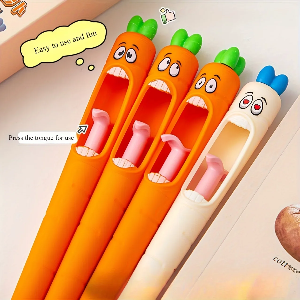 4pcs Carrot shaped compression neutral pen creative fun tongue tip core brush, suitable for students, office workers, etc