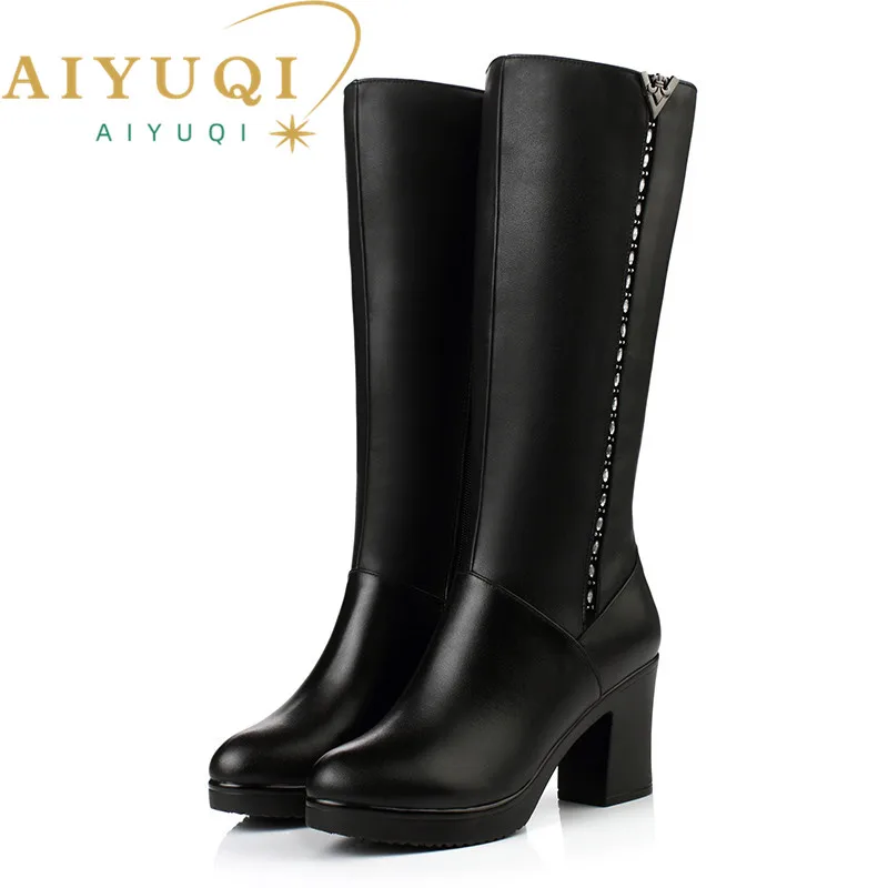 Women Winter Boots 2024 Genuine Leather boots high-heeled women long boots wool lined warm snow boots Lady Fashion shoes