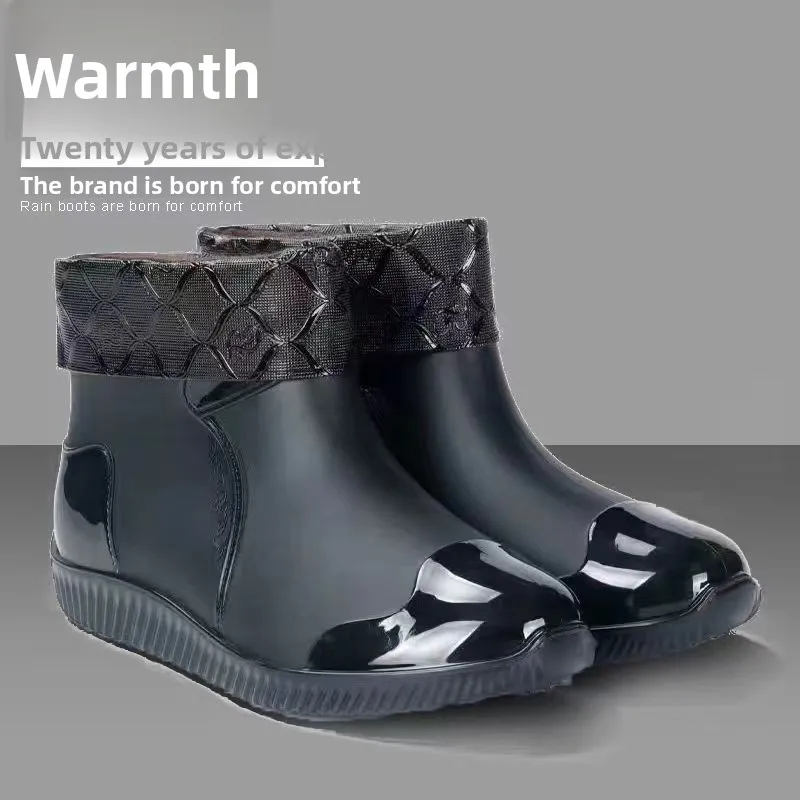 Fashionable Short Rain Boots Men's Anti-slip Waterproof Kitchen Work Boots Wear-resistant Fleece-lined Warm Plastic Sole